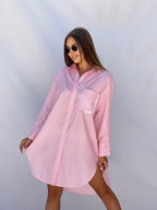 Oversized Striped Shirt Dress - Striped Pink