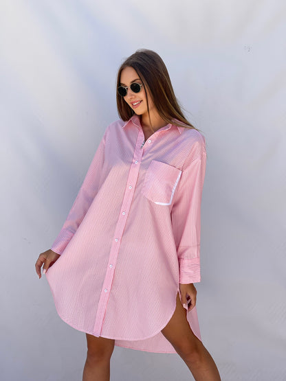 Oversized Striped Shirt Dress - Striped Pink