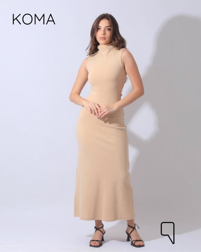 Naomi Halter Neck Midi Sleeveless Dress - Beige