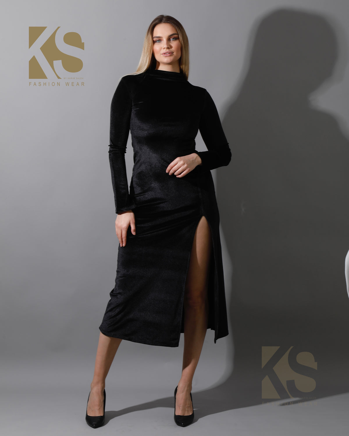 Front Slit Midi Dress - Black
