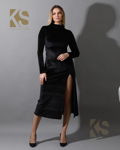 Front Slit Midi Dress - Black