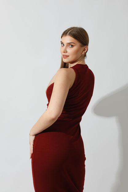 Slinky High Neck Midi Sleeveless Dress - Maroon