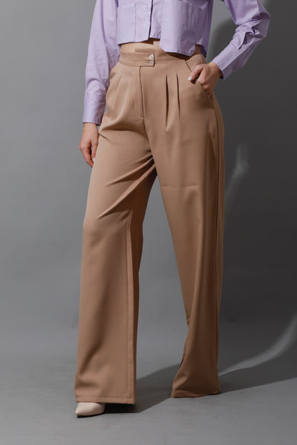 Noelle High Waist Wide Leg Trousers - Beige