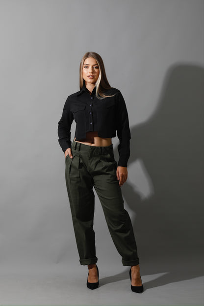 Pockets Cropped Shirt - Black