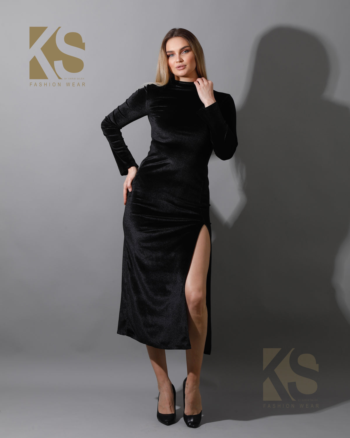 Front Slit Midi Dress - Black