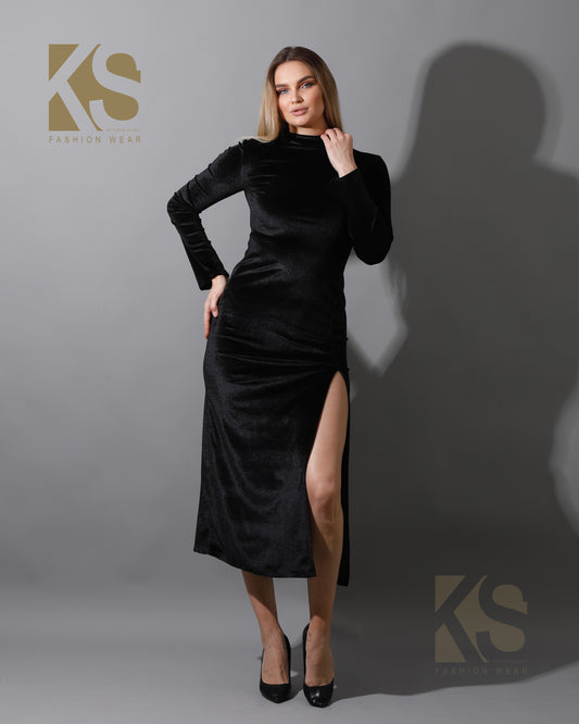 Front Slit Midi Dress - Black