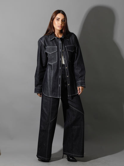 Co-Ord Jeans Cutout Shirt & Cutout Pants - Navy Blue