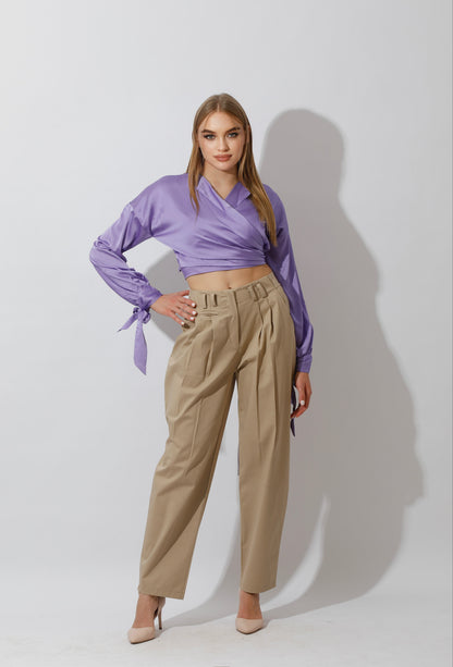 High Rise Paper-Bag Pants - Beige
