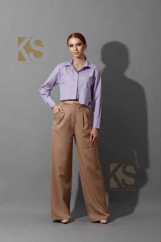 High Waist Wide Leg Trousers - Beige