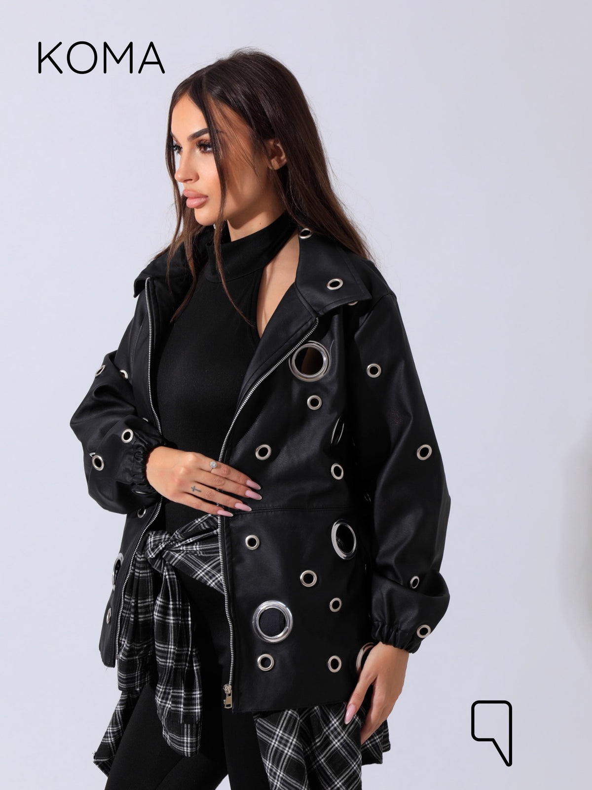 Cailyn Leather eyelet Jacket - Black