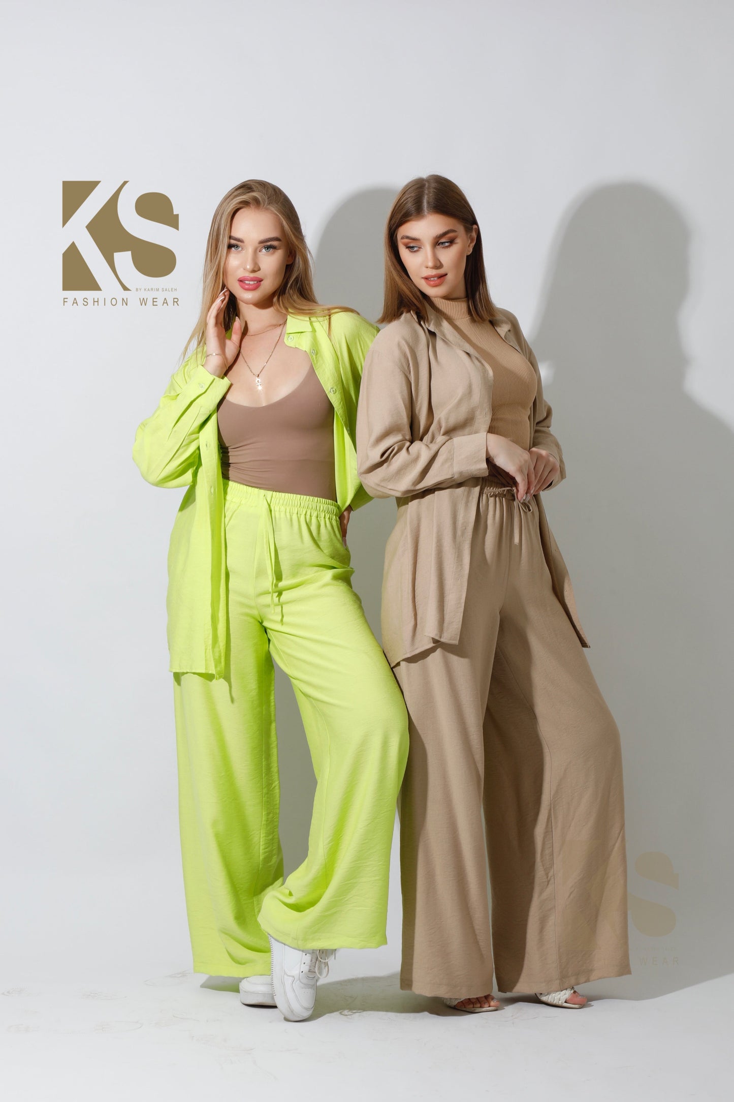 Wide Leg Trousers Set - Beige