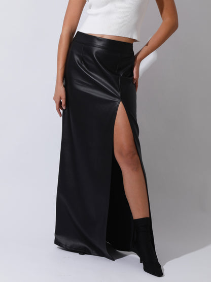 Leather Front Slit Skirt - Black