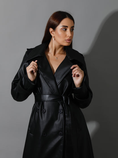 Leather Trench Coat With Suede - Black