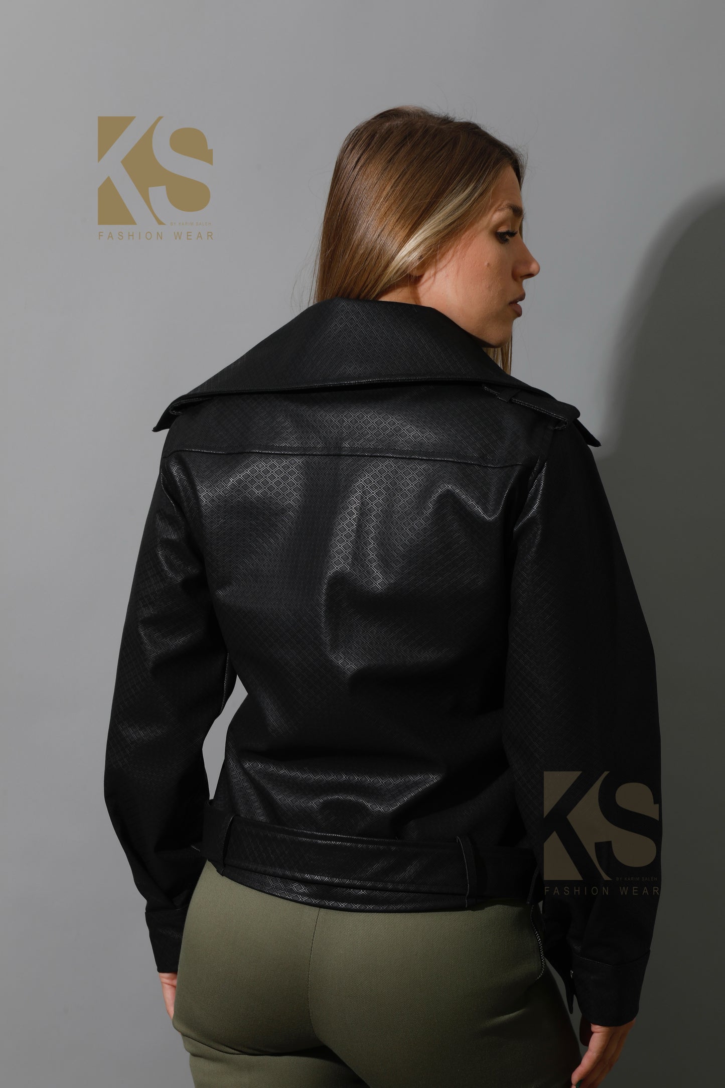 Textured Leather Biker Jacket - Black