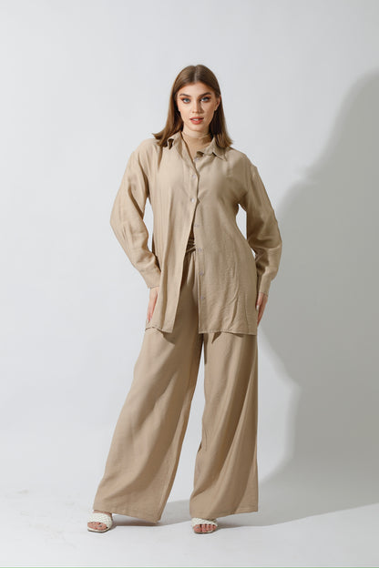 Co-Ord Long Sleeves Shirt - Beige