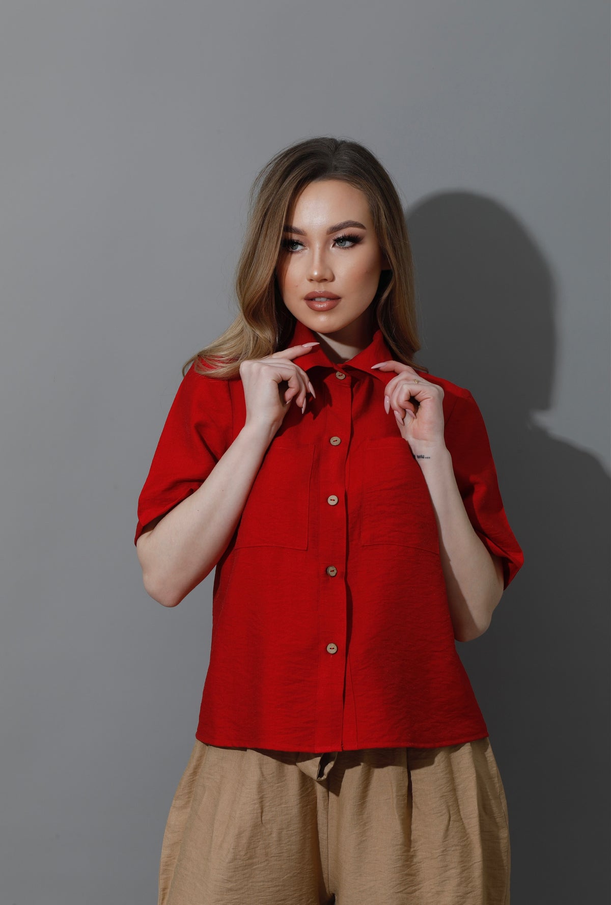 Shirt With Half Sleeves - Red