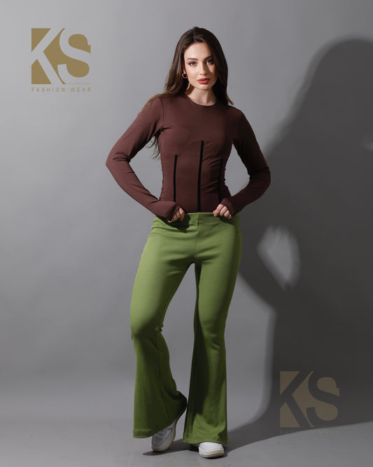 Slinky Flared Trousers - Kiwi Green