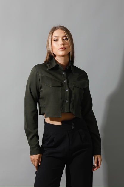 Pockets Cropped Shirt - Olive