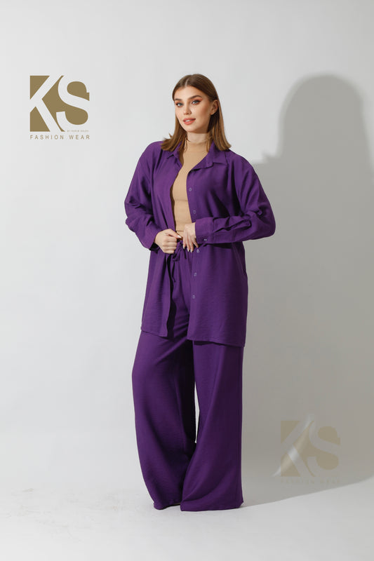 Co-Ord Long Sleeve Shirt & Wide Leg Trousers - Purple