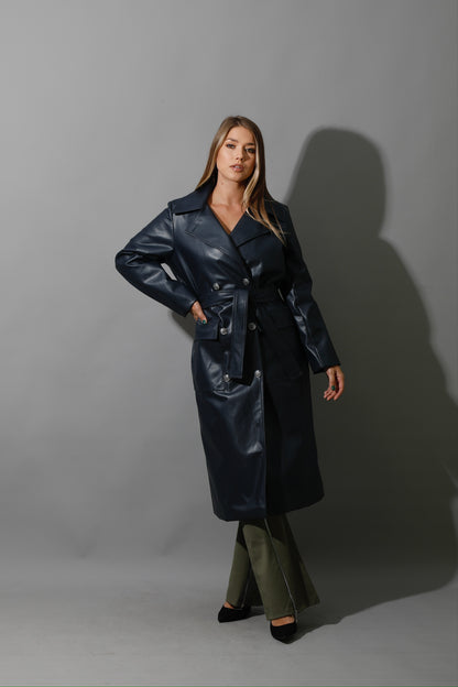 Textured Leather Coat - Navy