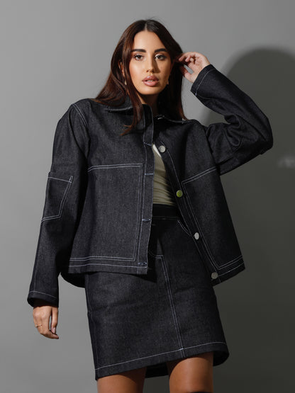 Co-Ord Jeans Sleeves Jacket - Navy Blue