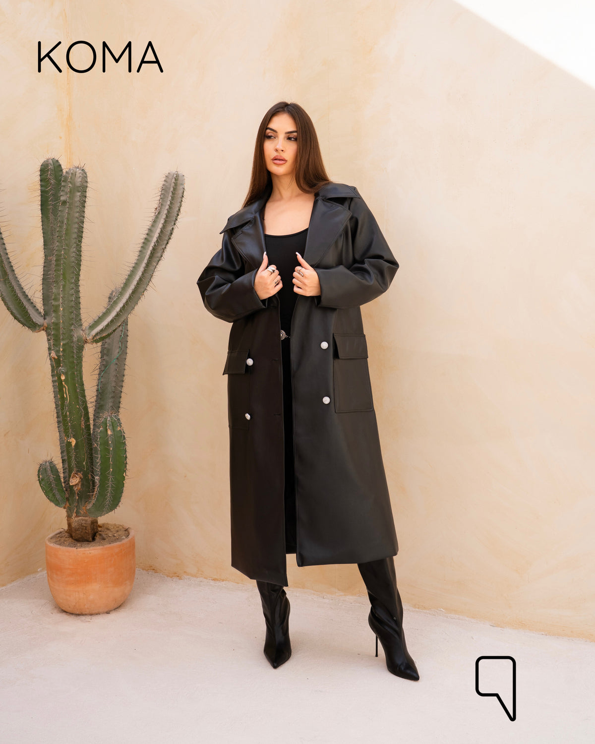 Textured Leather Coat - Black
