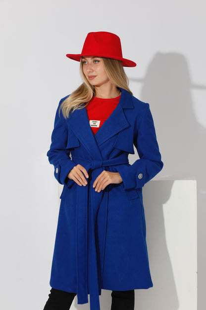 Woolen Wrapped Belted trench Coat - Electric Blue