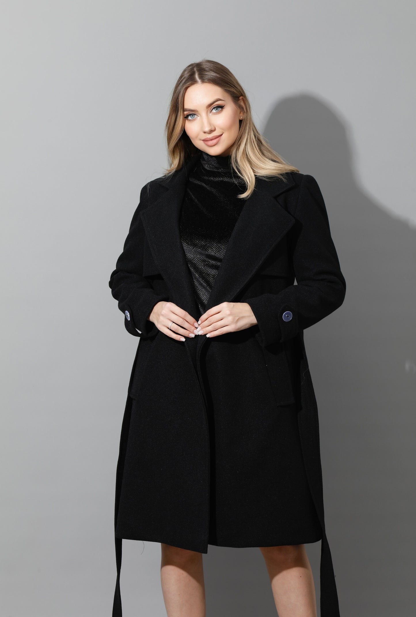 Woolen Wrapped Belted trench Coat - Black