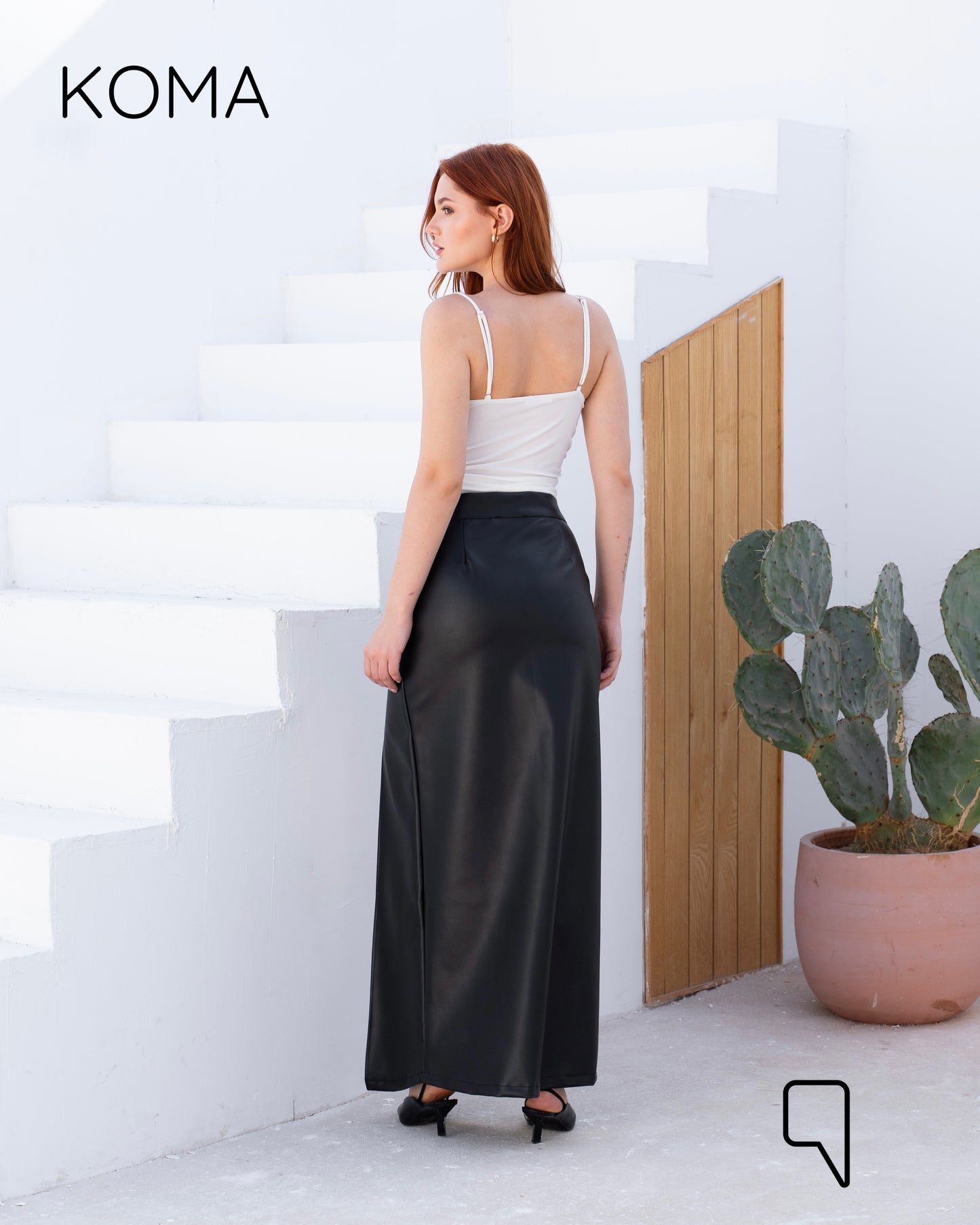 Leather Front Slit Skirt - Black