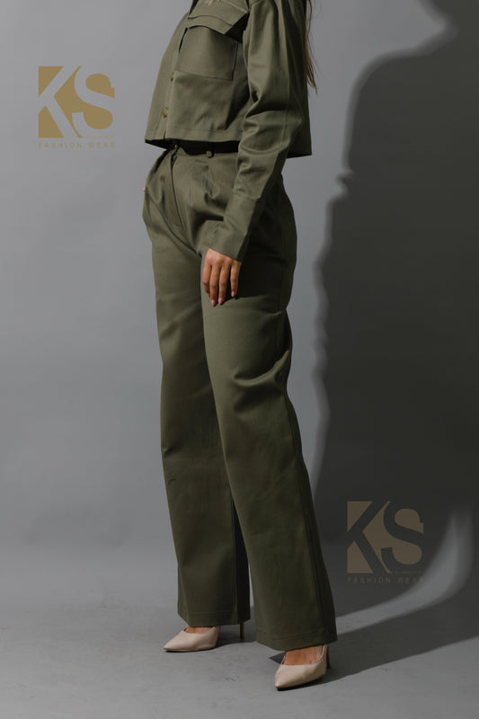 Co-ord Pleated Wide Leg Pants - Olive