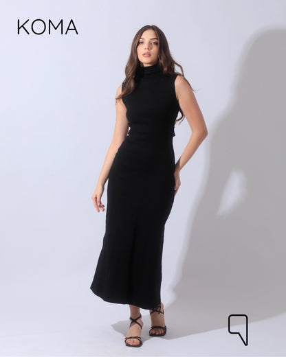 Naomi Halter Neck Midi Sleeveless Dress - Black
