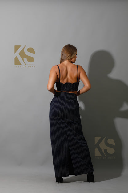 Striped Cropped Blazer, Bra Top & Maxi Skirt Co-Ord - Navy