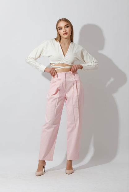 High Rise Paper-Bag Pants - Pink