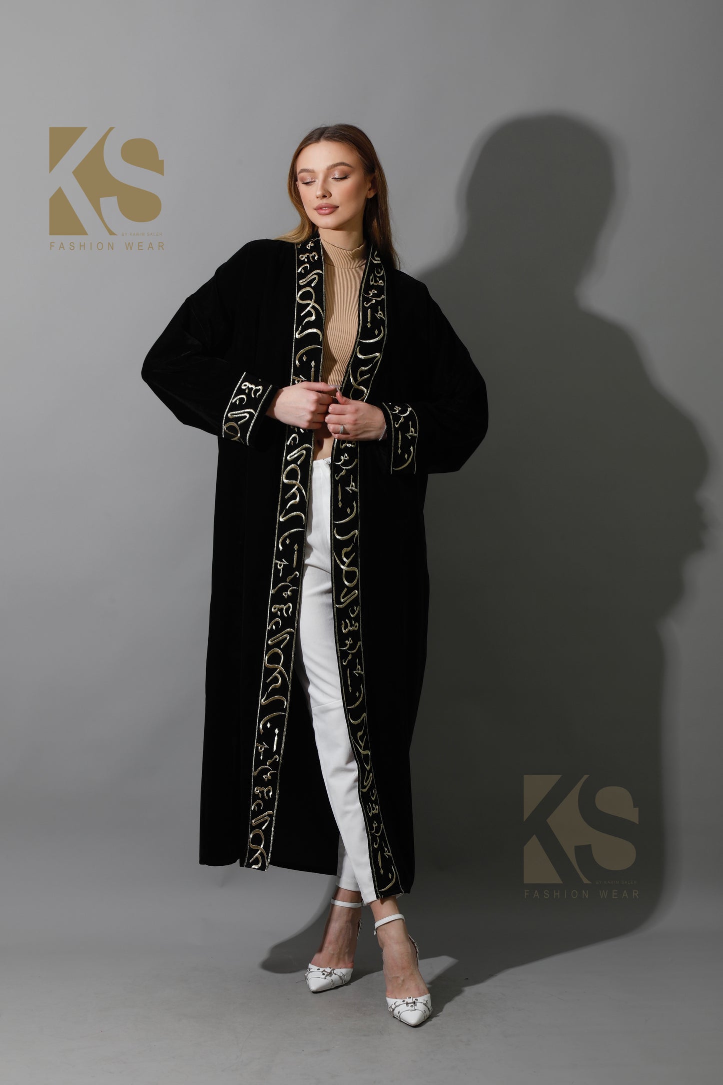 Arabic Letter Long Kaftan - Black & Gold