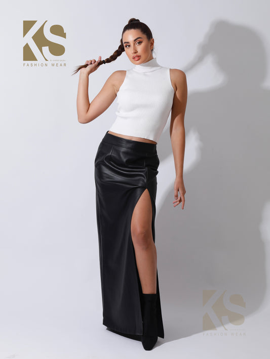 Leather Front Slit Skirt - Black