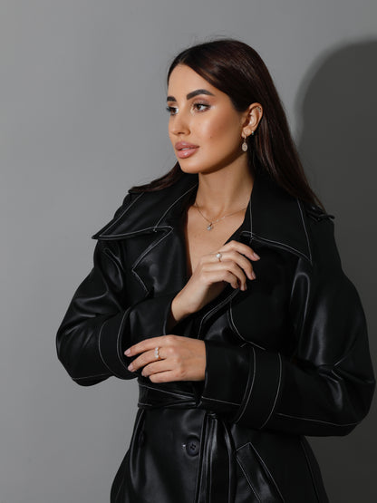 Leather Trench Coat With White Stitch - Black