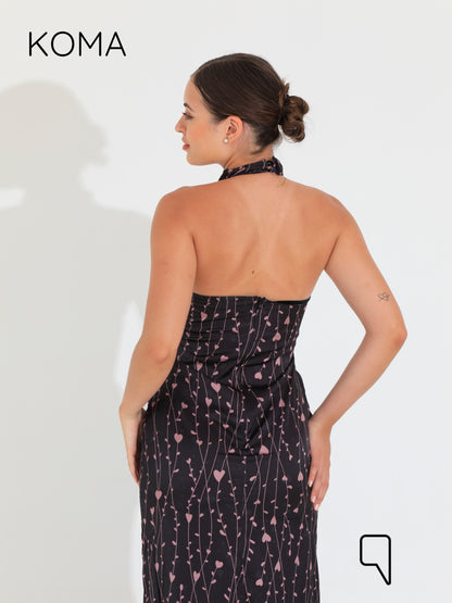 Dahlia Floral Backless Dress - Multicolored Black
