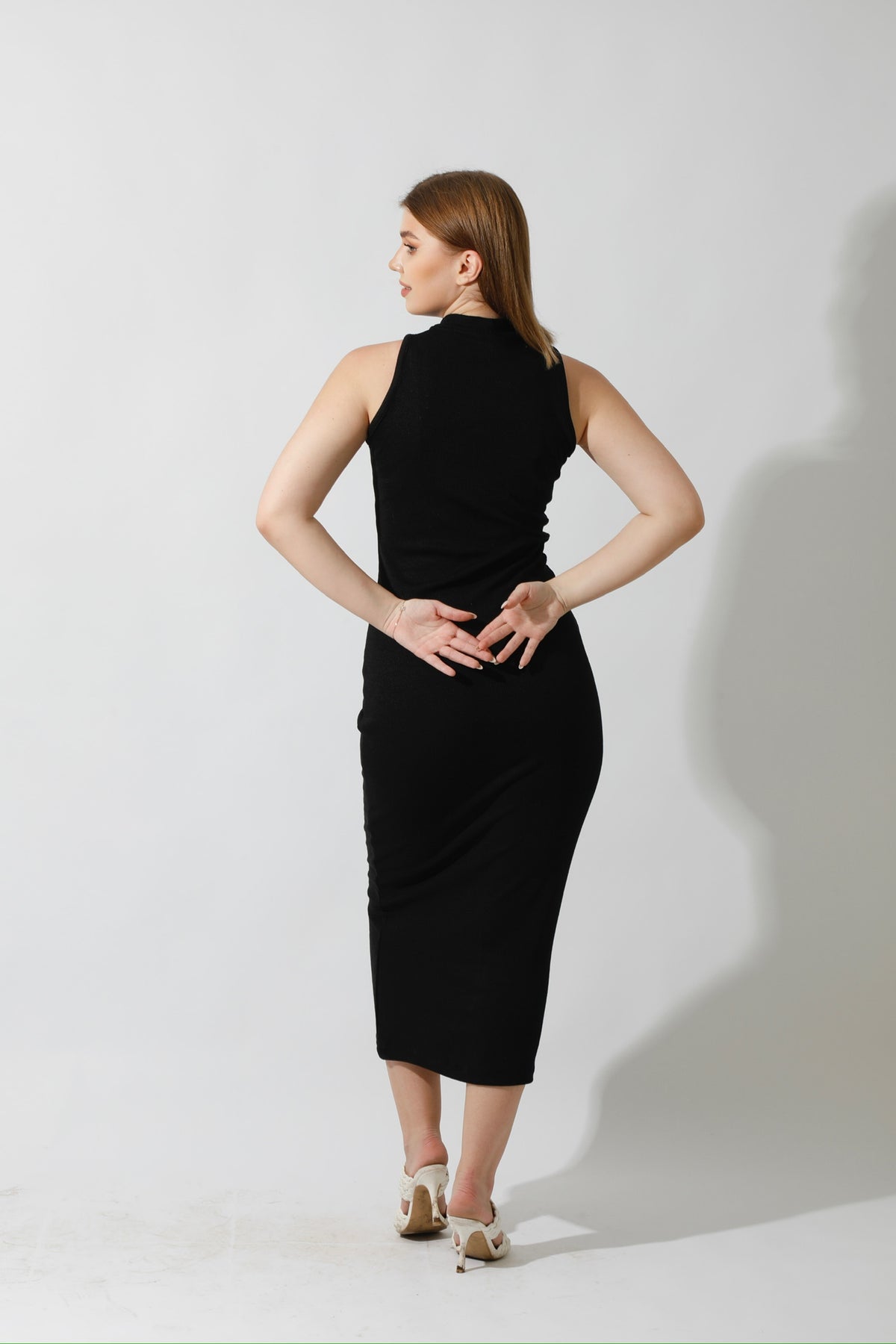 Slinky High Neck Midi Sleeveless Dress - Black