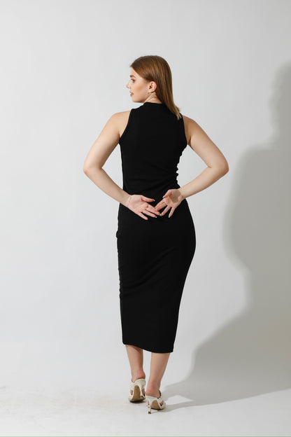 Slinky High Neck Midi Sleeveless Dress - Black