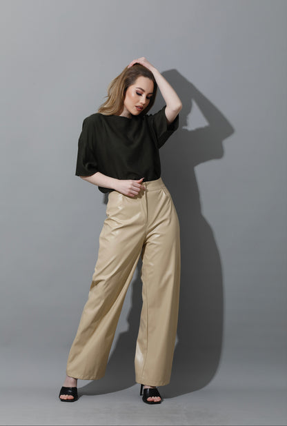 Leather Wide Leg Trousers - Beige