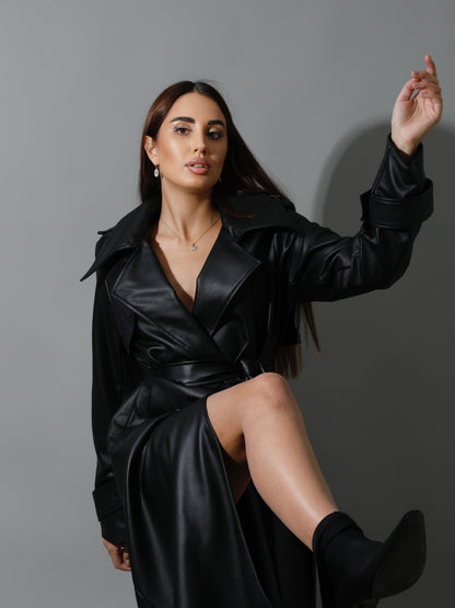 Leather Trench Coat With Suede - Black