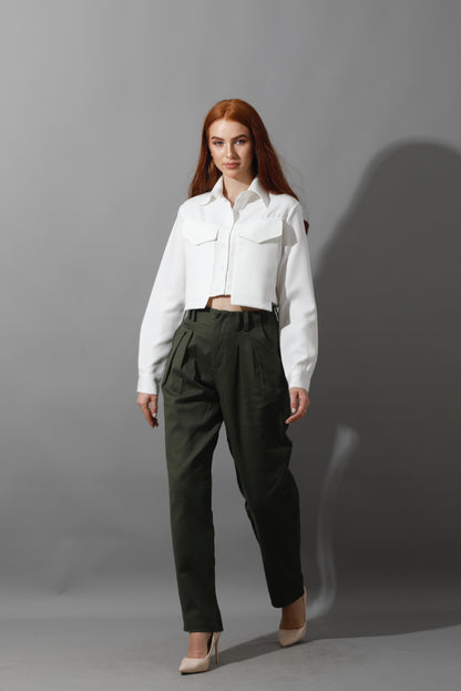 High Rise Paper-Bag Pants - Olive