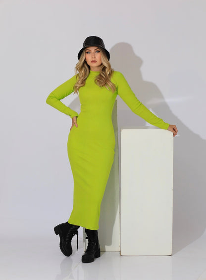 Slinky High Neck Midi Dress - Lime Green