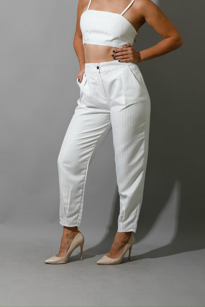 Striped Paper-bag Pants Co-Ord - White