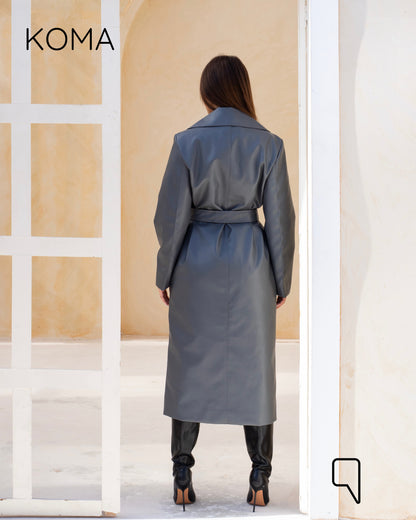 Textured Leather Coat - Gray