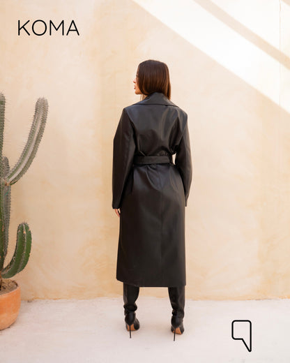 Textured Leather Coat - Black