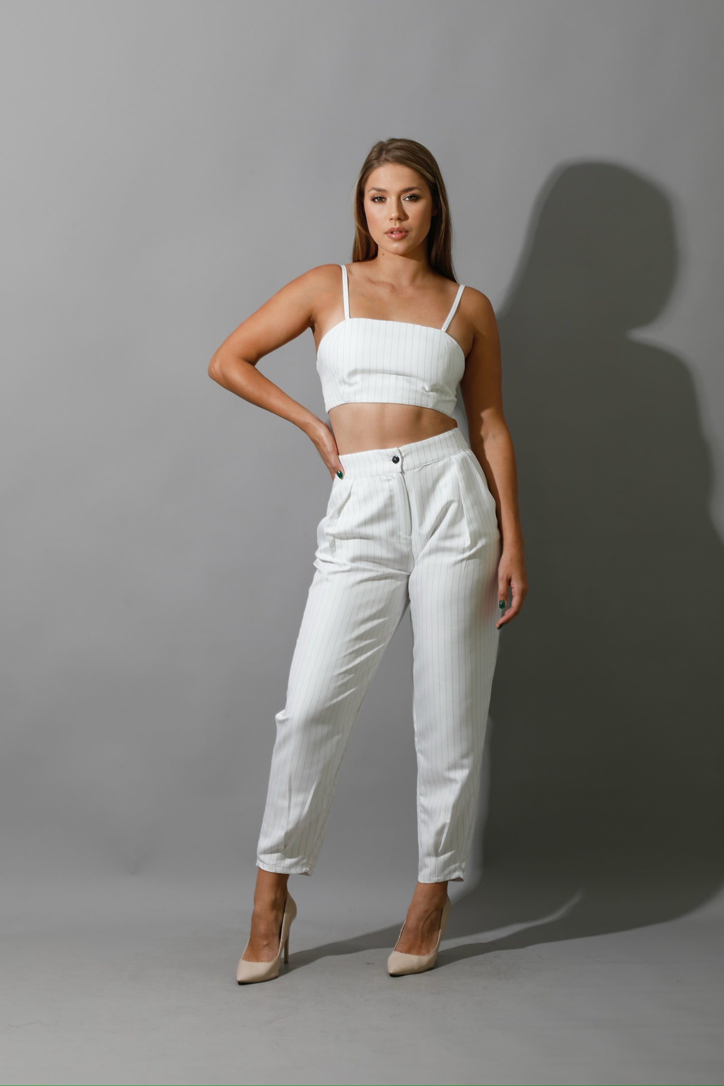 Striped Paper-bag Pants Co-Ord - White