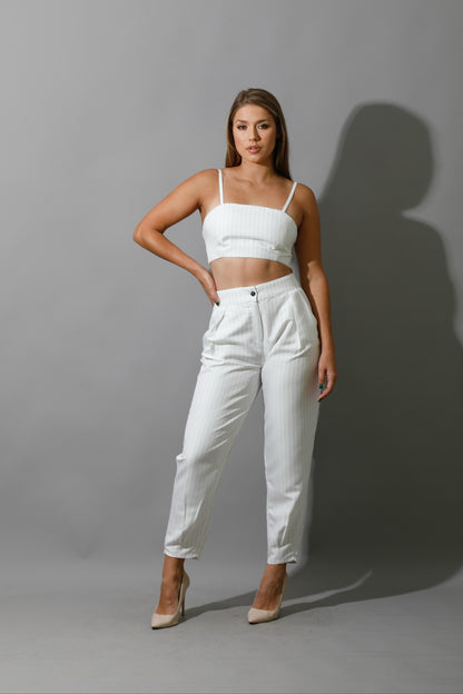 Striped Paper-bag Pants Co-Ord - White