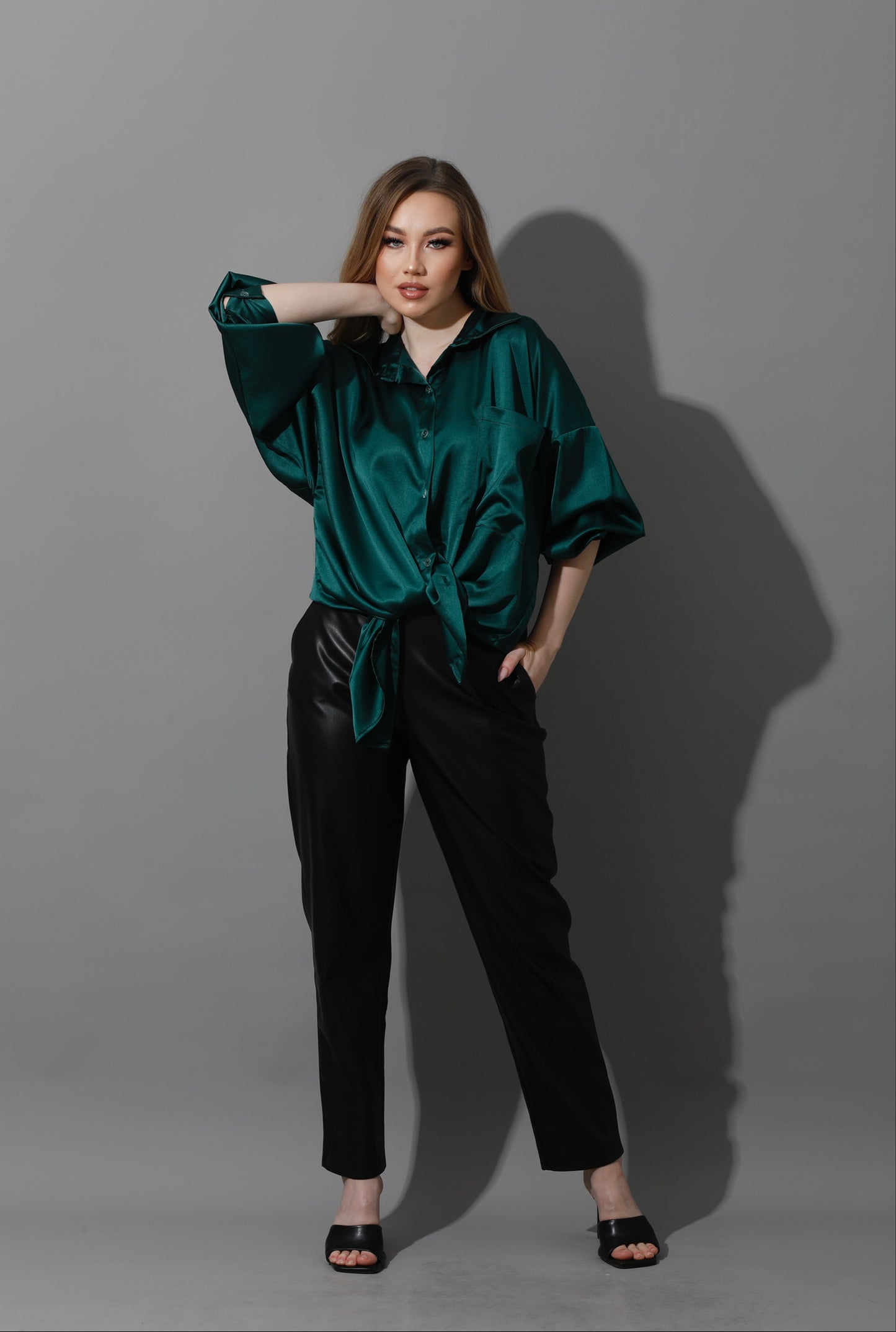 Oversized Satin Blouse - Dark Green