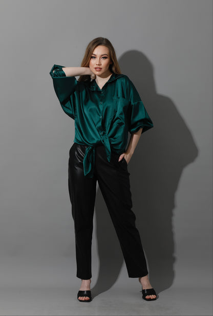 Oversized Satin Blouse - Dark Green